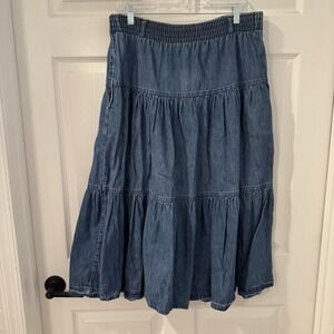 Tiered Denim Skirt Womens Sz 34" Small Pull On Prairie Cottagecore Western